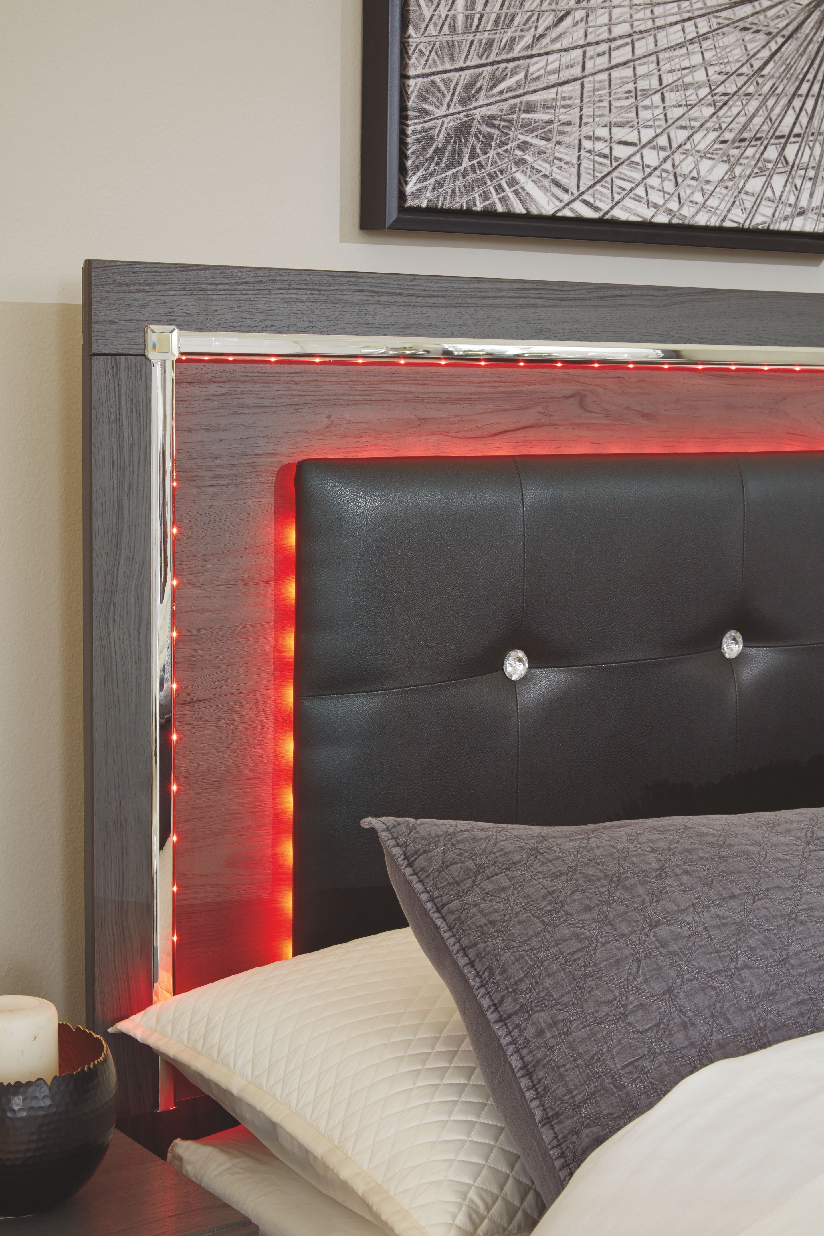 Lodanna gray upholstered panel bed headboard with decorative LED strip lights