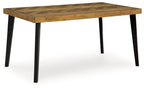 Rectangular dining table with brown wood top and black legs