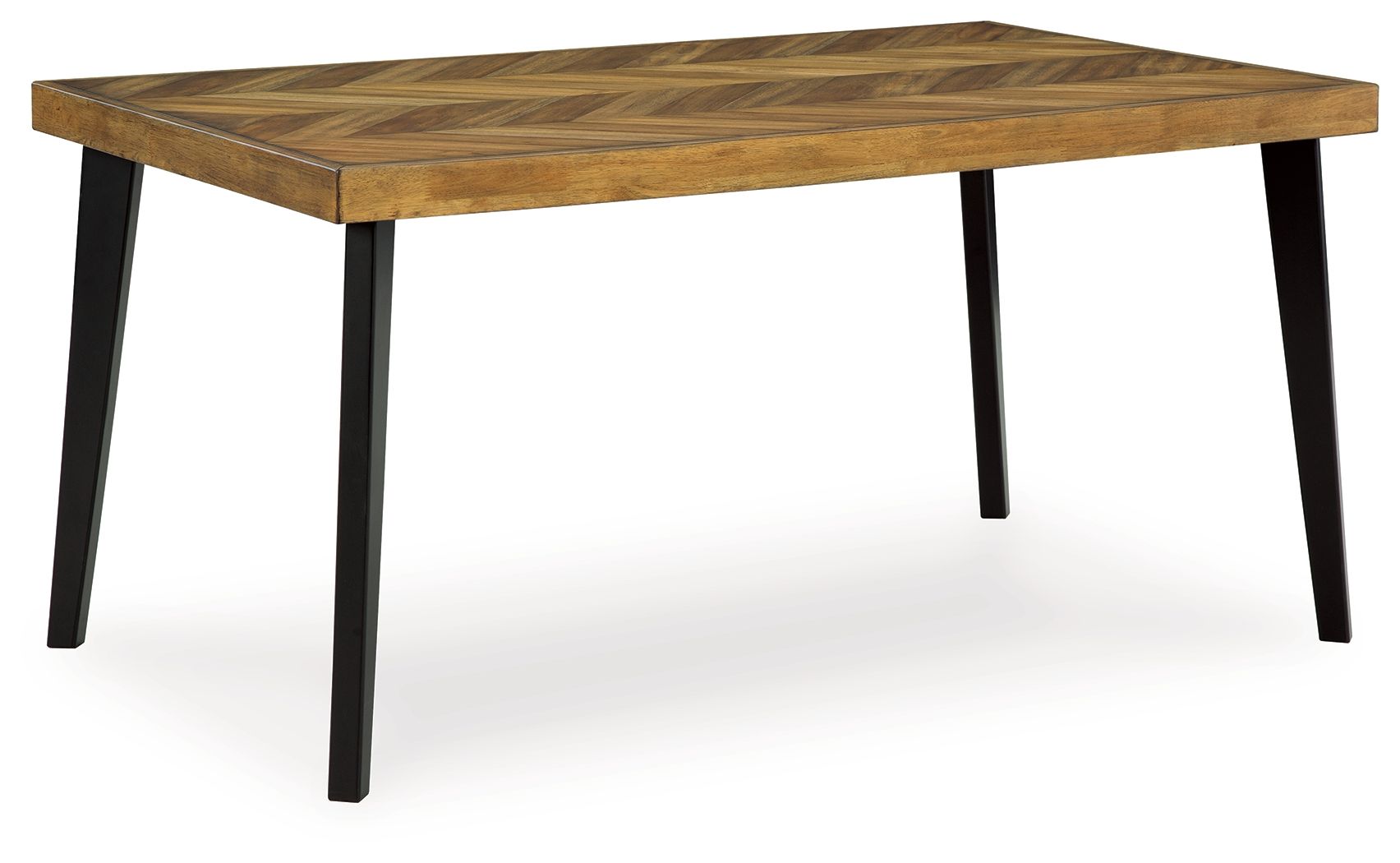 Rectangular dining table with brown wood top and black legs