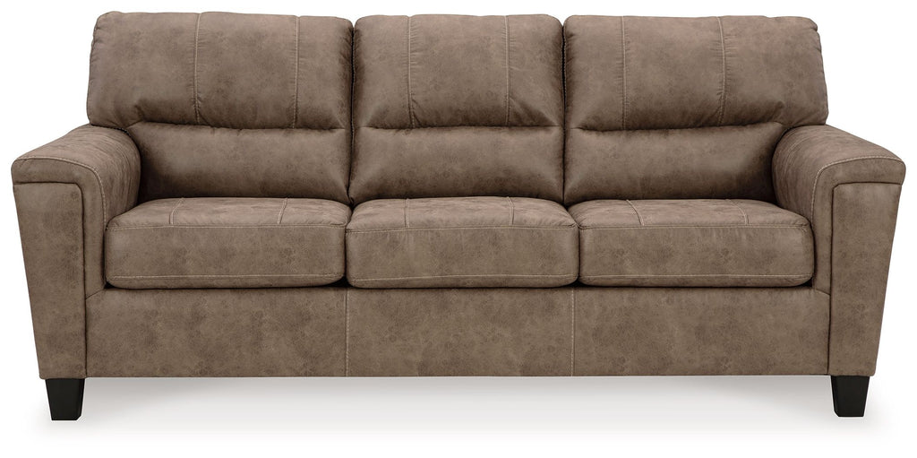 Queen sofa sleeper with three seat cushions and rolled armrests in fossil fabric