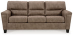Queen sofa sleeper with three seat cushions and rolled armrests in fossil fabric