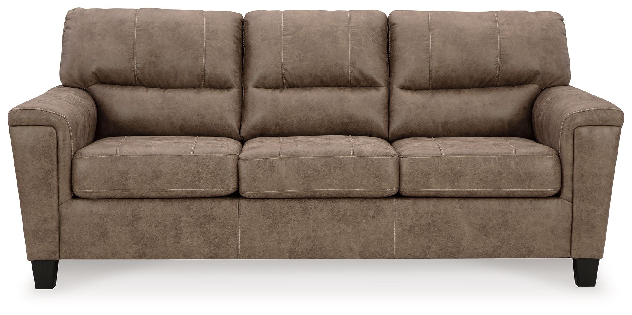 Queen sofa sleeper with three seat cushions and rolled armrests in fossil fabric