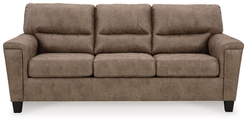 Queen sofa sleeper with three seat cushions and rolled armrests in fossil fabric