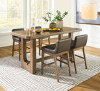 Dining table set with light brown rectangular counter table and four upholstered chairs