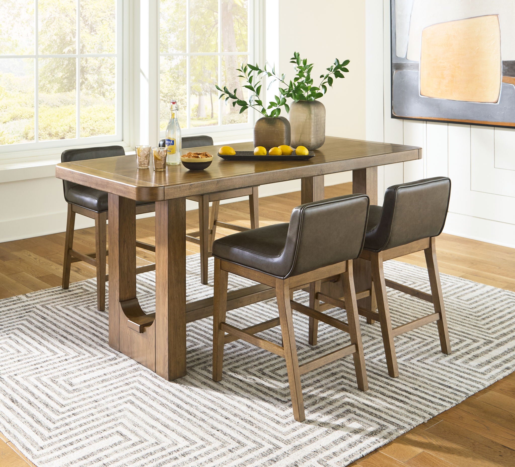 Dining table set with light brown rectangular counter table and four upholstered chairs