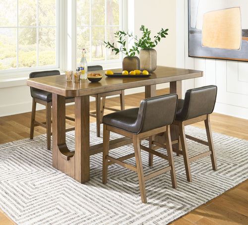 Dining table set with light brown rectangular counter table and four upholstered chairs