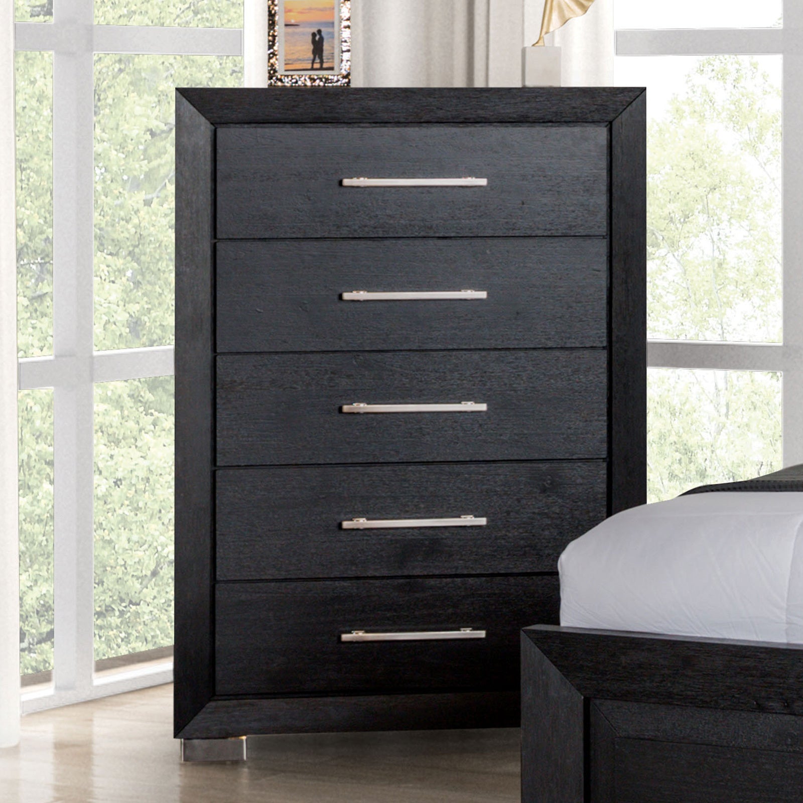 Black Contemporary Chest with 5 Dovetail Drawers & Chrome Legs