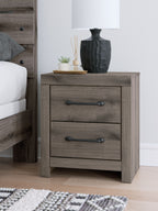 Gray two-drawer night stand with metal bar handles