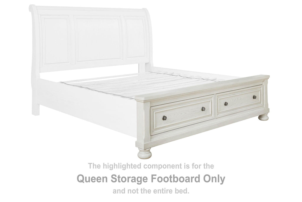 Antique white queen storage footboard with two drawers and headboard panel