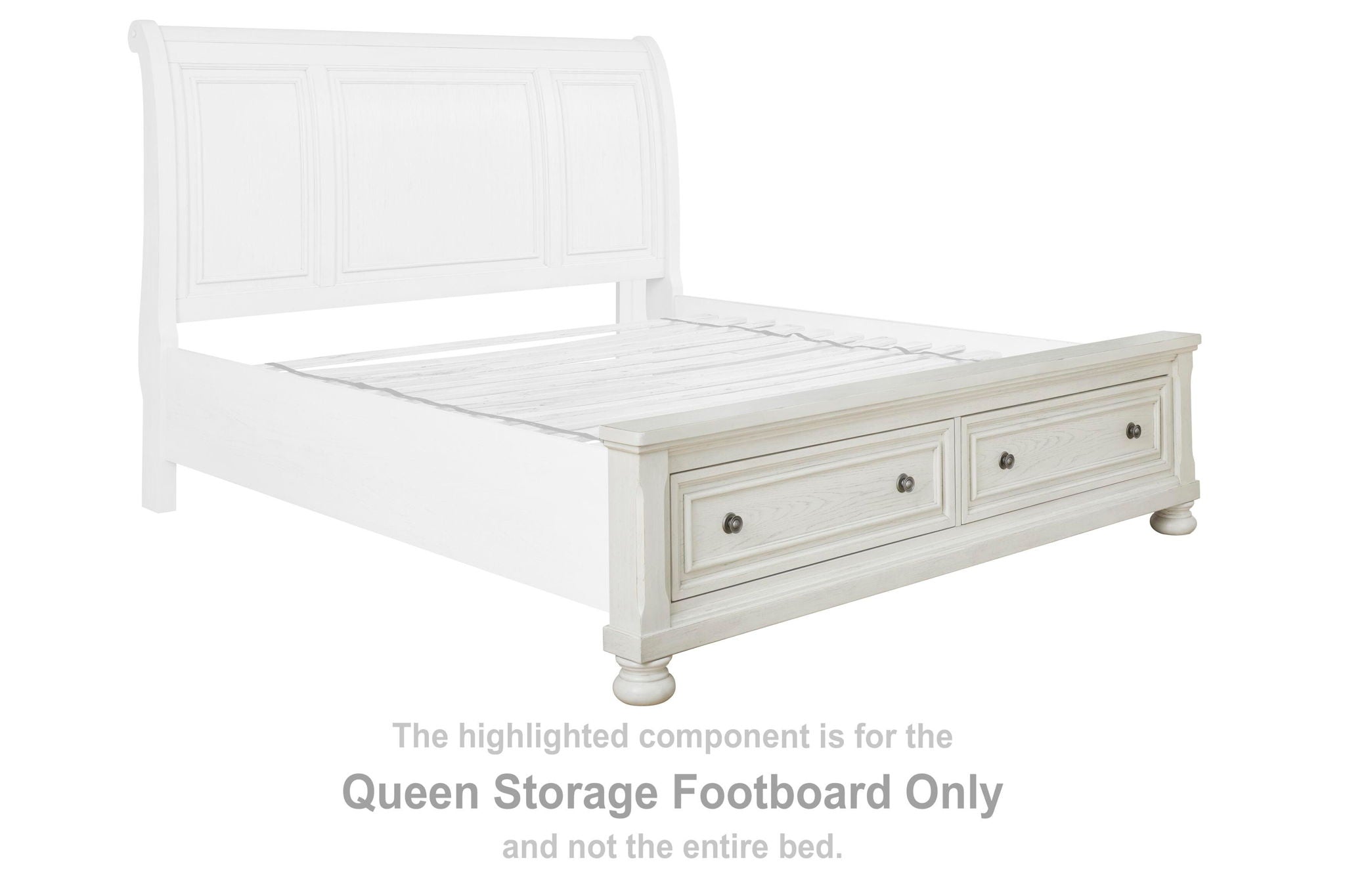 Antique white queen storage footboard with two drawers and headboard panel