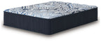 Blue mattress with navy ribbed sides and decorative blue-and-white top