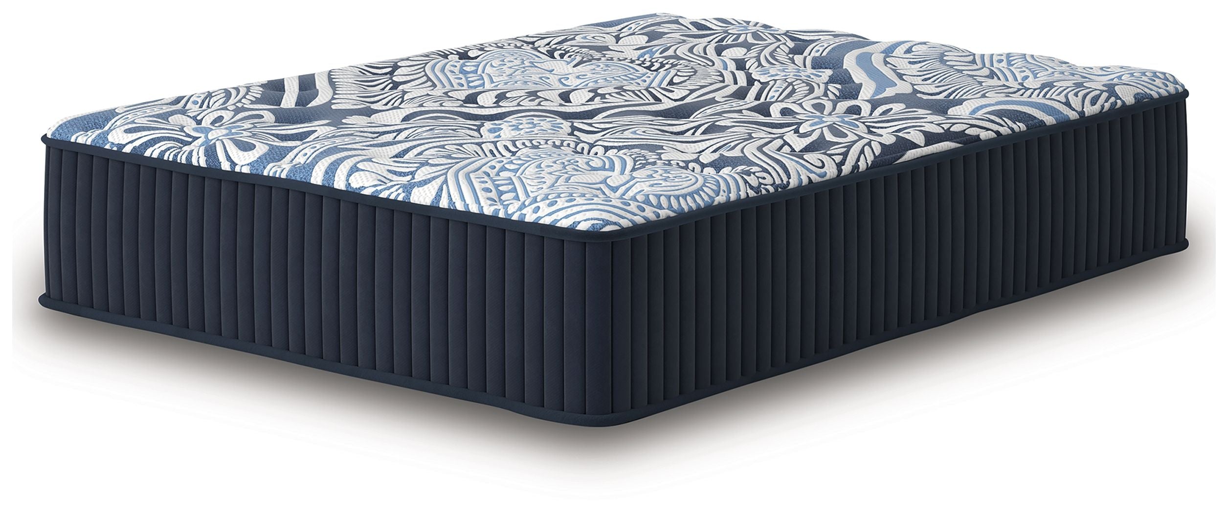 Blue mattress with navy ribbed sides and decorative blue-and-white top