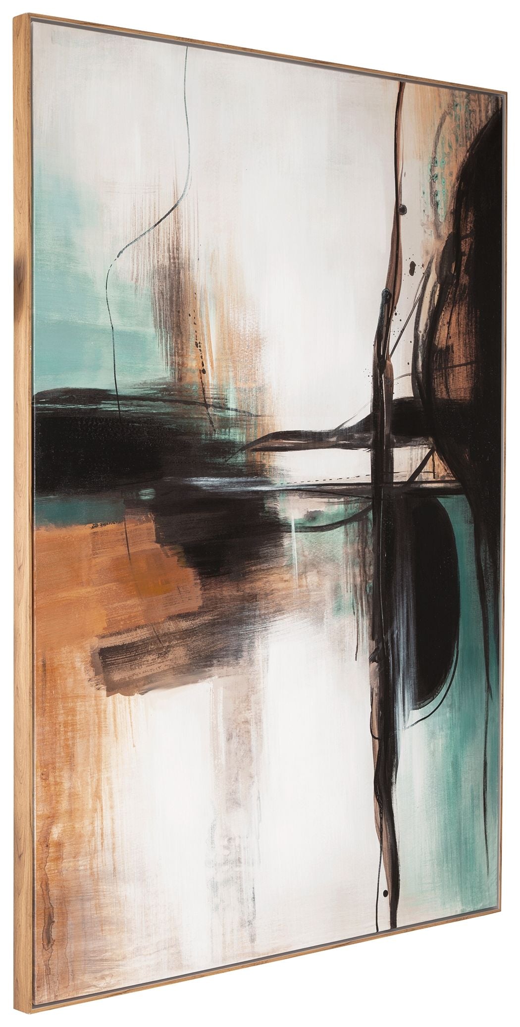Brunonia abstract wall art, vertical composition with teal, orange, white, and black marks