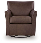 Dark brown swivel glider accent chair with tufted-look seat and wide, padded arms.