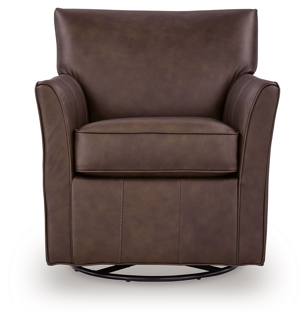 Dark brown swivel glider accent chair with tufted-look seat and wide, padded arms.