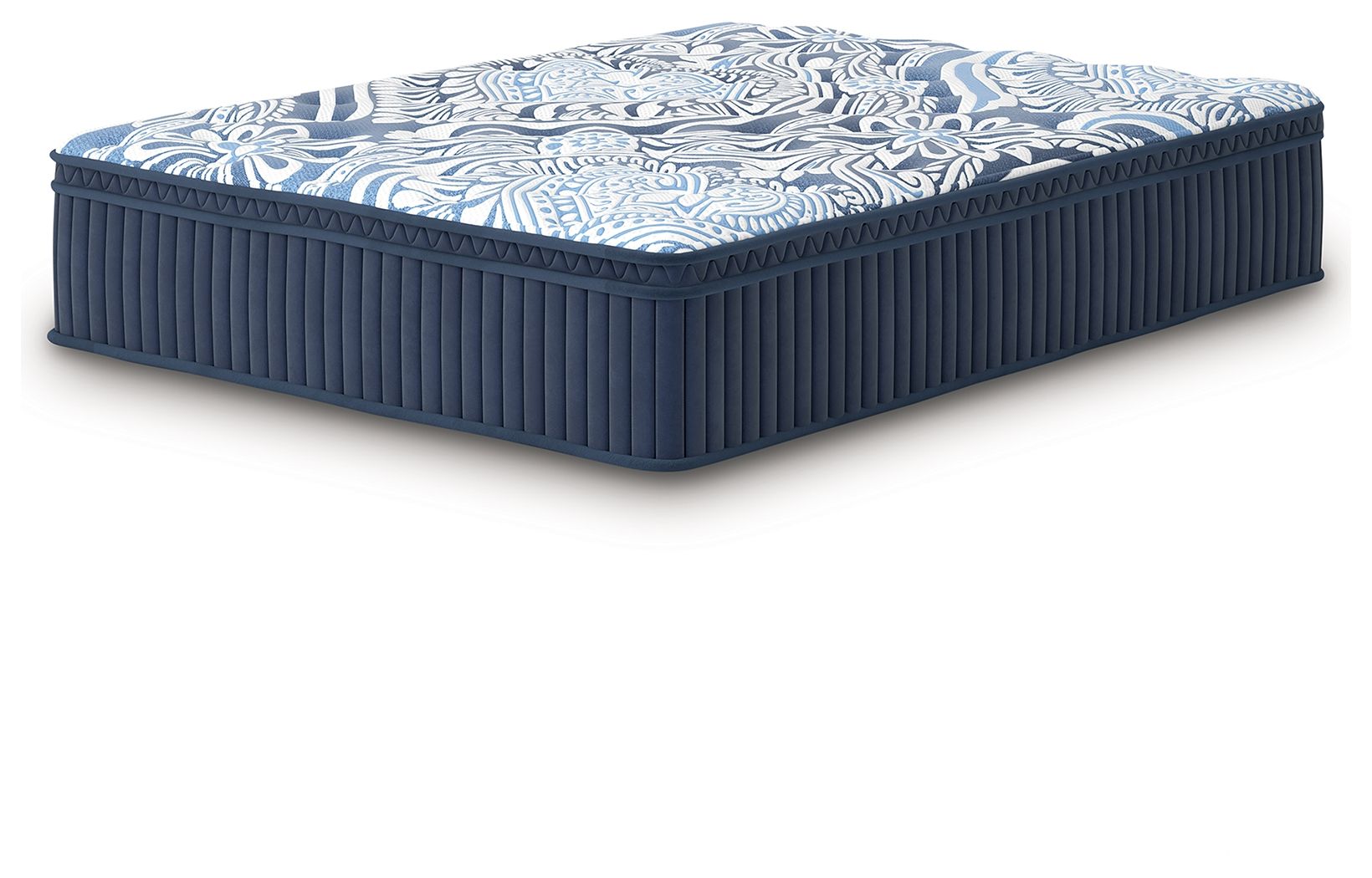 Blue mattress with patterned quilted top and ribbed side panels