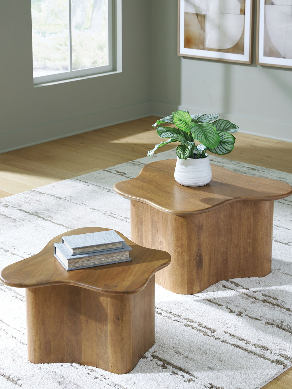 Brown accent cocktail tables, set of 2, round-corner tops and chunky curved legs