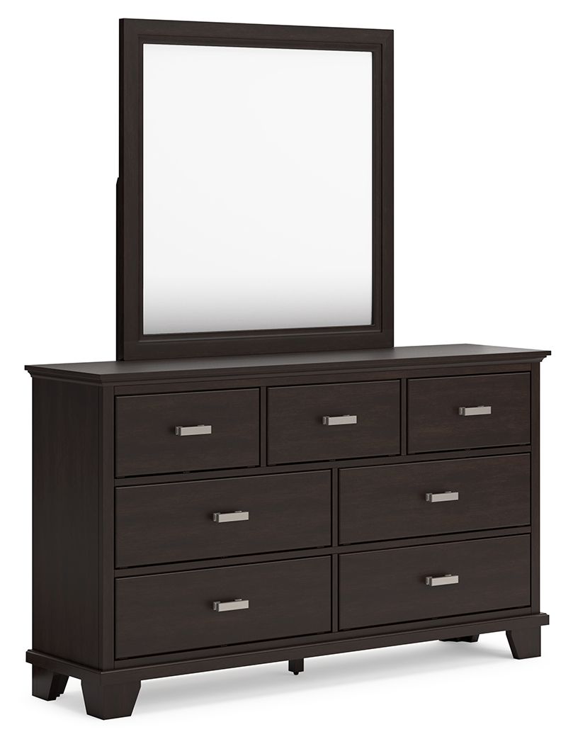 Dark brown dresser with rectangular mirror and multiple drawers, silver bar pulls.