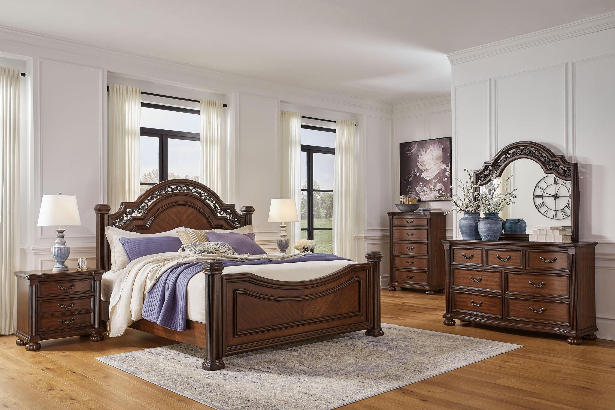 Lavinton bedroom set with dark brown bed and matching dresser with arched mirror