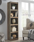 Brown wooden tall open shelving unit with square shelves and visible grain
