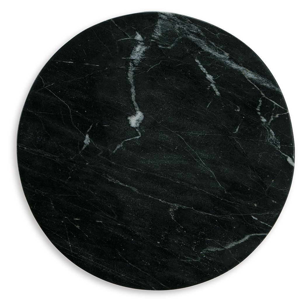 Round black stone-look tabletop with white veining