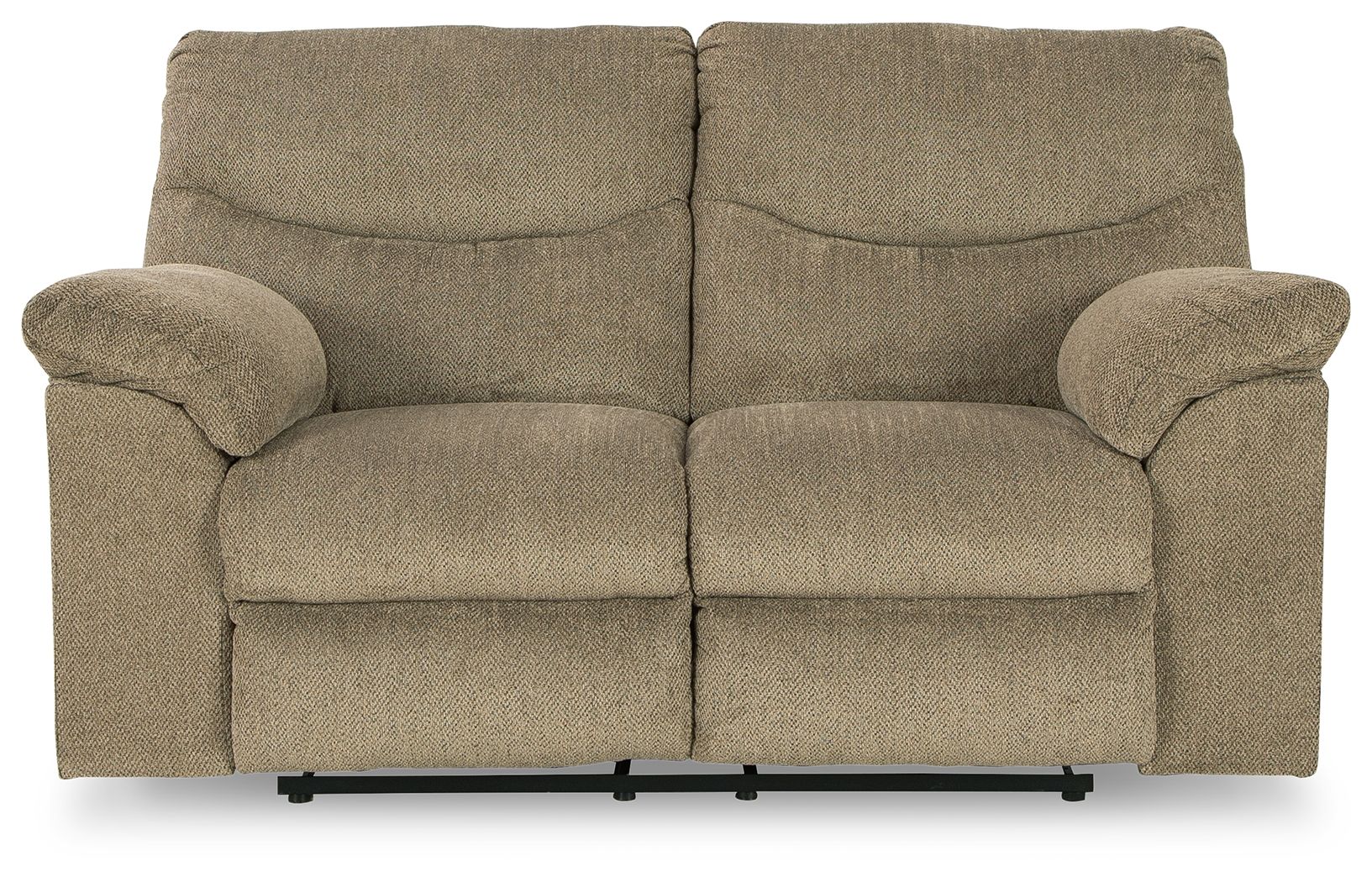 Reclining loveseat in light beige fabric with rounded arms and two-piece seat