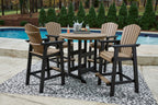 Outdoor dining set: round table and four chairs, black frames with driftwood slats