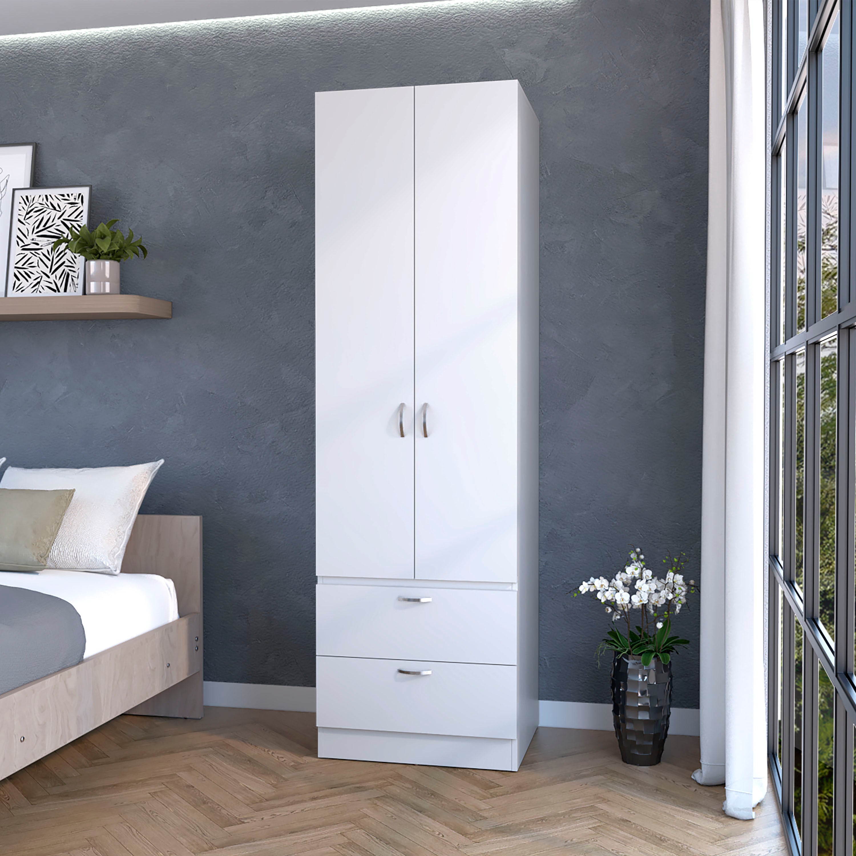 Mayer Tall Melamine Wardrobe: 2 Doors, 2 Drawers Storage