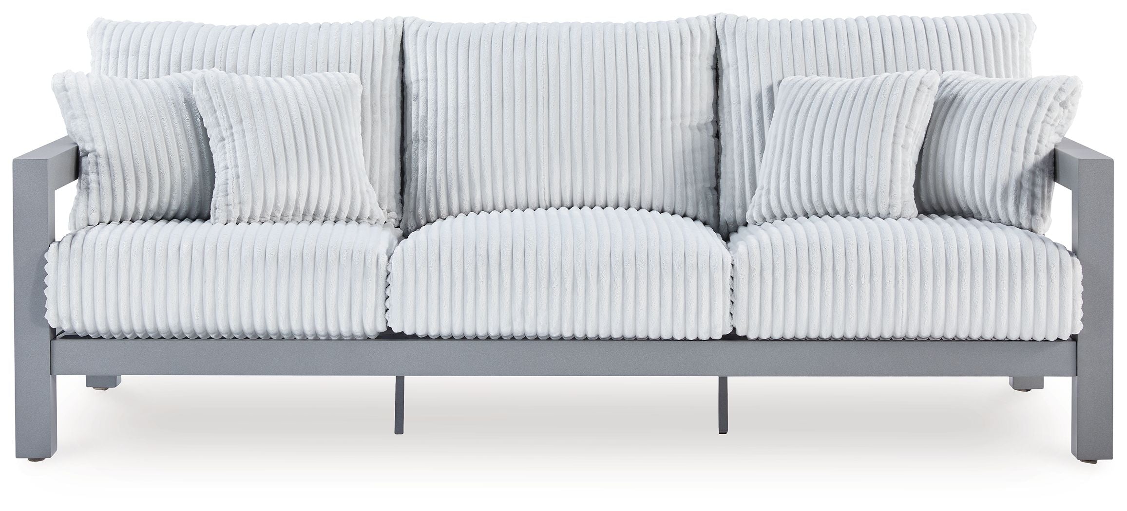 Hurley Park light gray outdoor sofa with ribbed cushions and back pillows