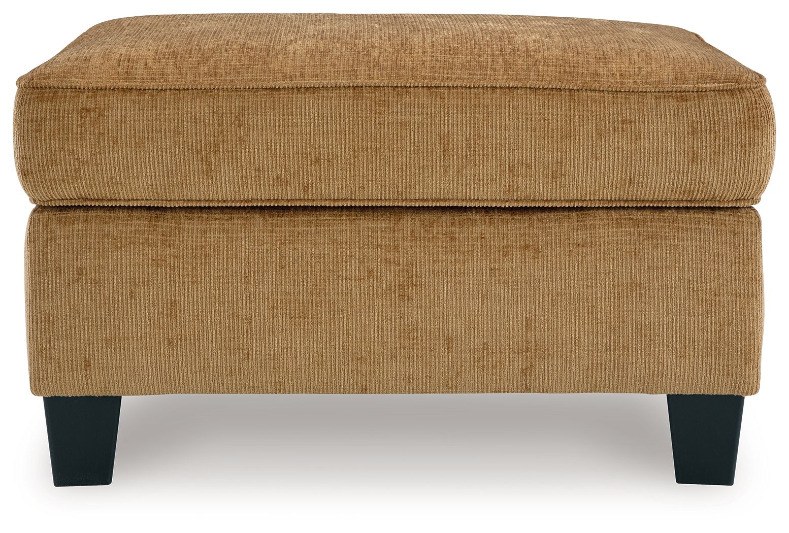 Light brown ottoman with upholstered round top, visible seams, dark block legs