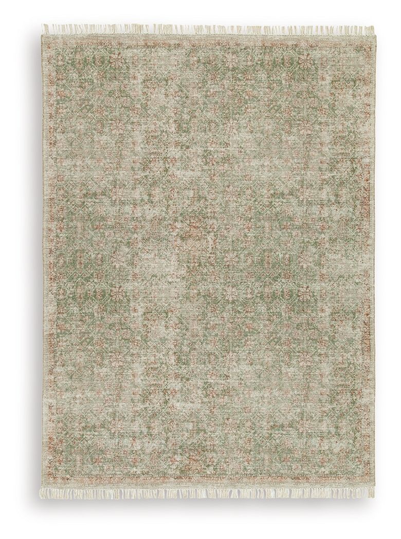 Rossbury rug speckled green pattern on light background, fringe edges, flat surface