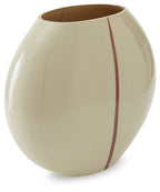 Beige ceramic vase with glossy finish and vertical brown stripe