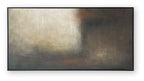 Abstract horizontal wall art with dark gray, rust, and cream textured finish, framed