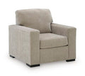 Gray upholstered lounge chair with wide arms and cushioned seat and back