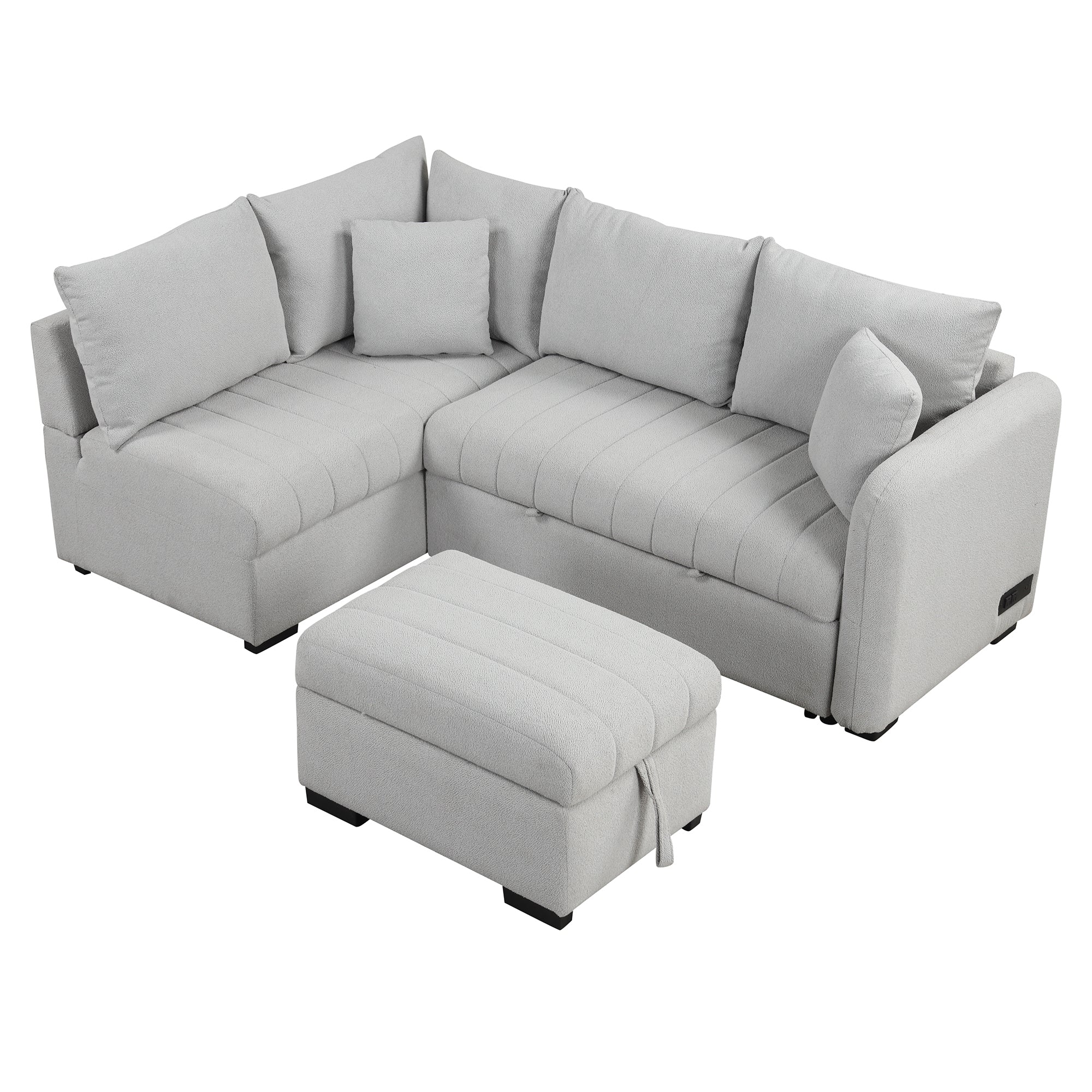 82.6" Gray L-Shaped Sectional Sofa Bed w/ USB Ports, Outlets & Ottoman-American Furniture Outlet