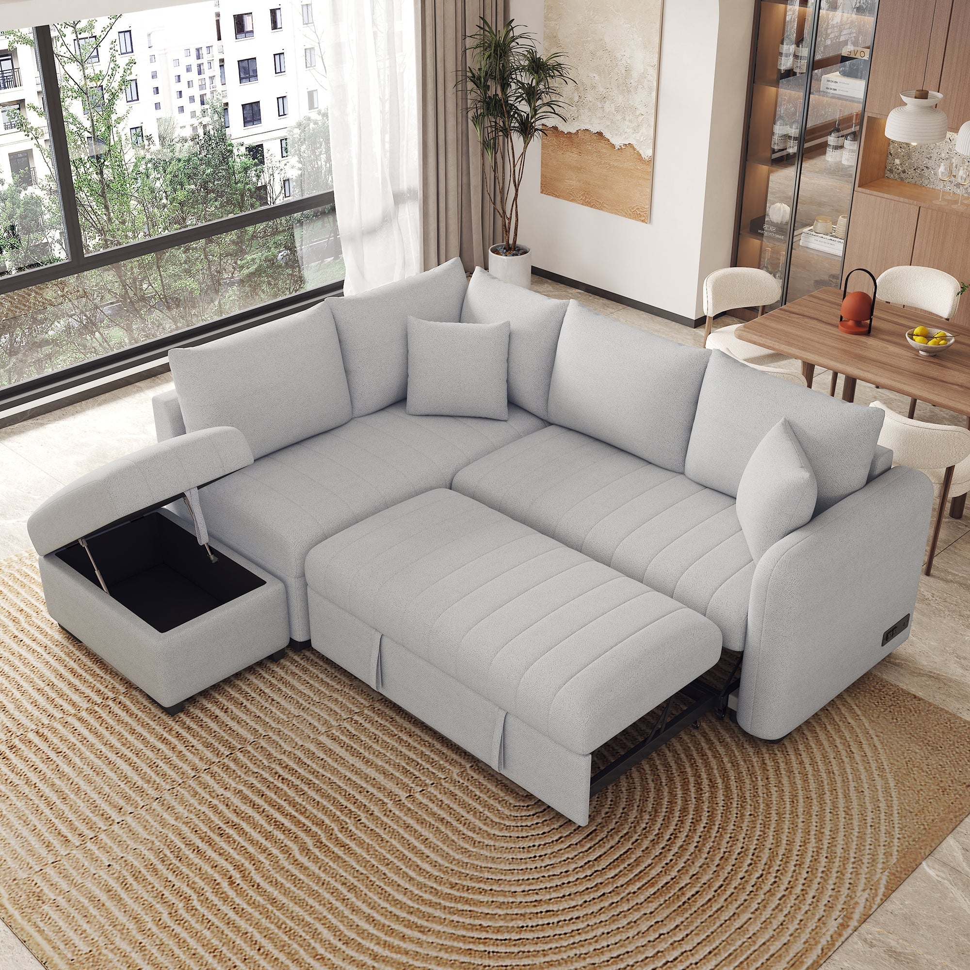 82.6" Gray L-Shaped Sectional Sofa Bed w/ USB Ports, Outlets & Ottoman-American Furniture Outlet