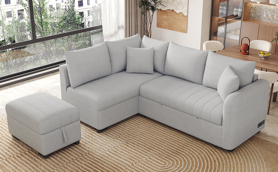 82.6" Gray L-Shaped Sectional Sofa Bed w/ USB Ports, Outlets & Ottoman-American Furniture Outlet