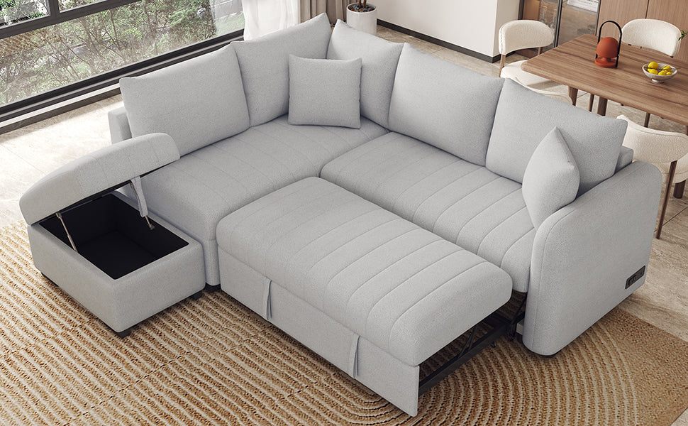 82.6" Gray L-Shaped Sectional Sofa Bed w/ USB Ports, Outlets & Ottoman-American Furniture Outlet