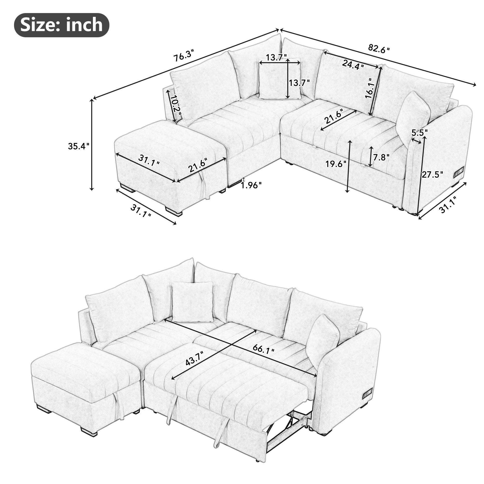 82.6" Gray L-Shaped Sectional Sofa Bed w/ USB Ports, Outlets & Ottoman-American Furniture Outlet