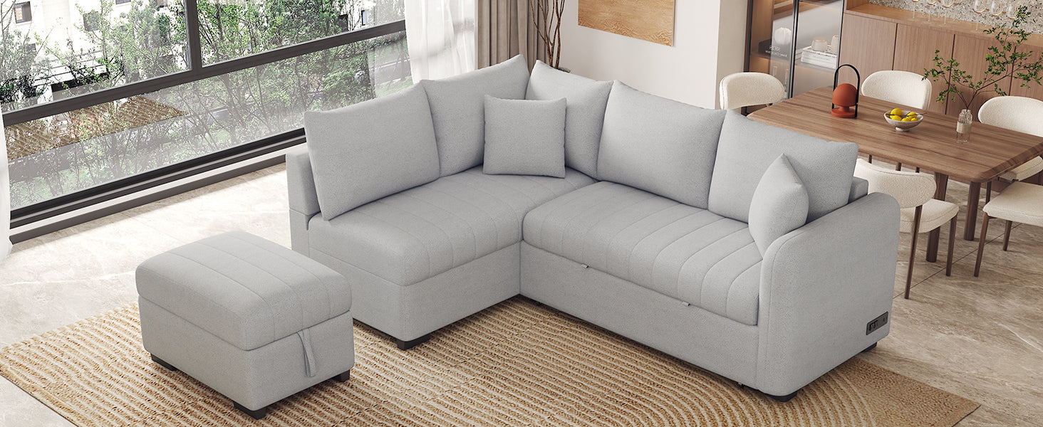 82.6" Gray L-Shaped Sectional Sofa Bed w/ USB Ports, Outlets & Ottoman-American Furniture Outlet