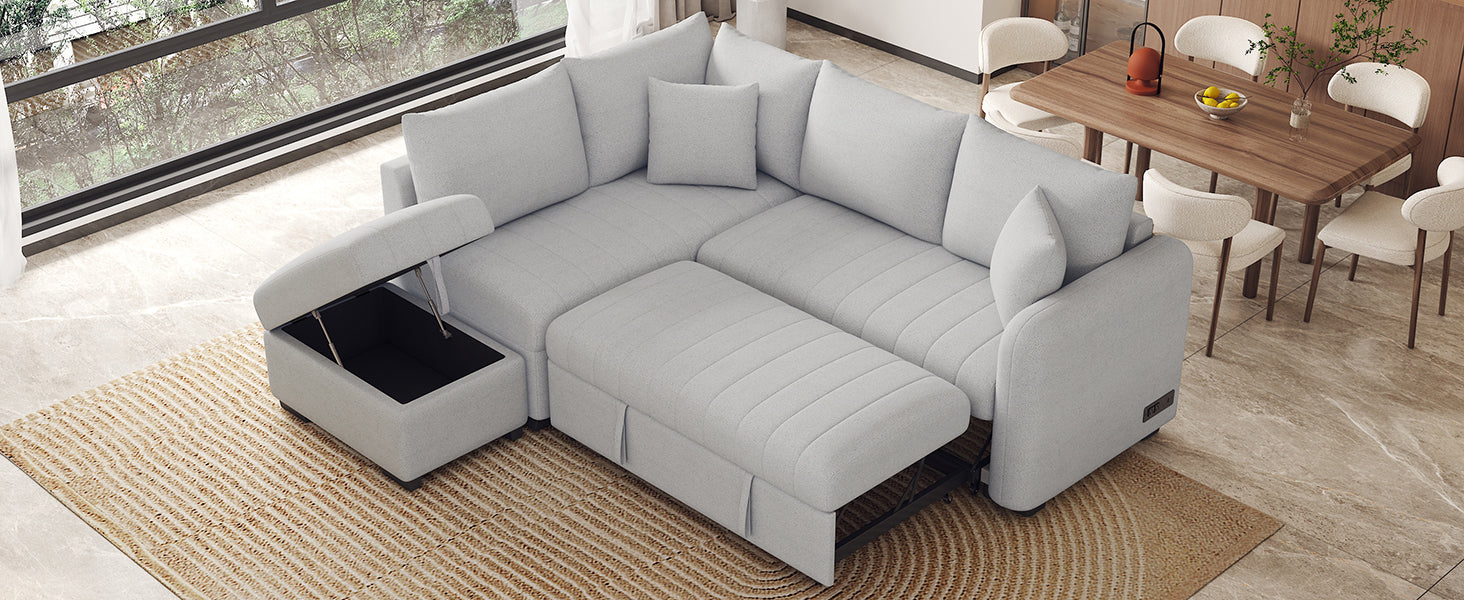 82.6" Gray L-Shaped Sectional Sofa Bed w/ USB Ports, Outlets & Ottoman-American Furniture Outlet