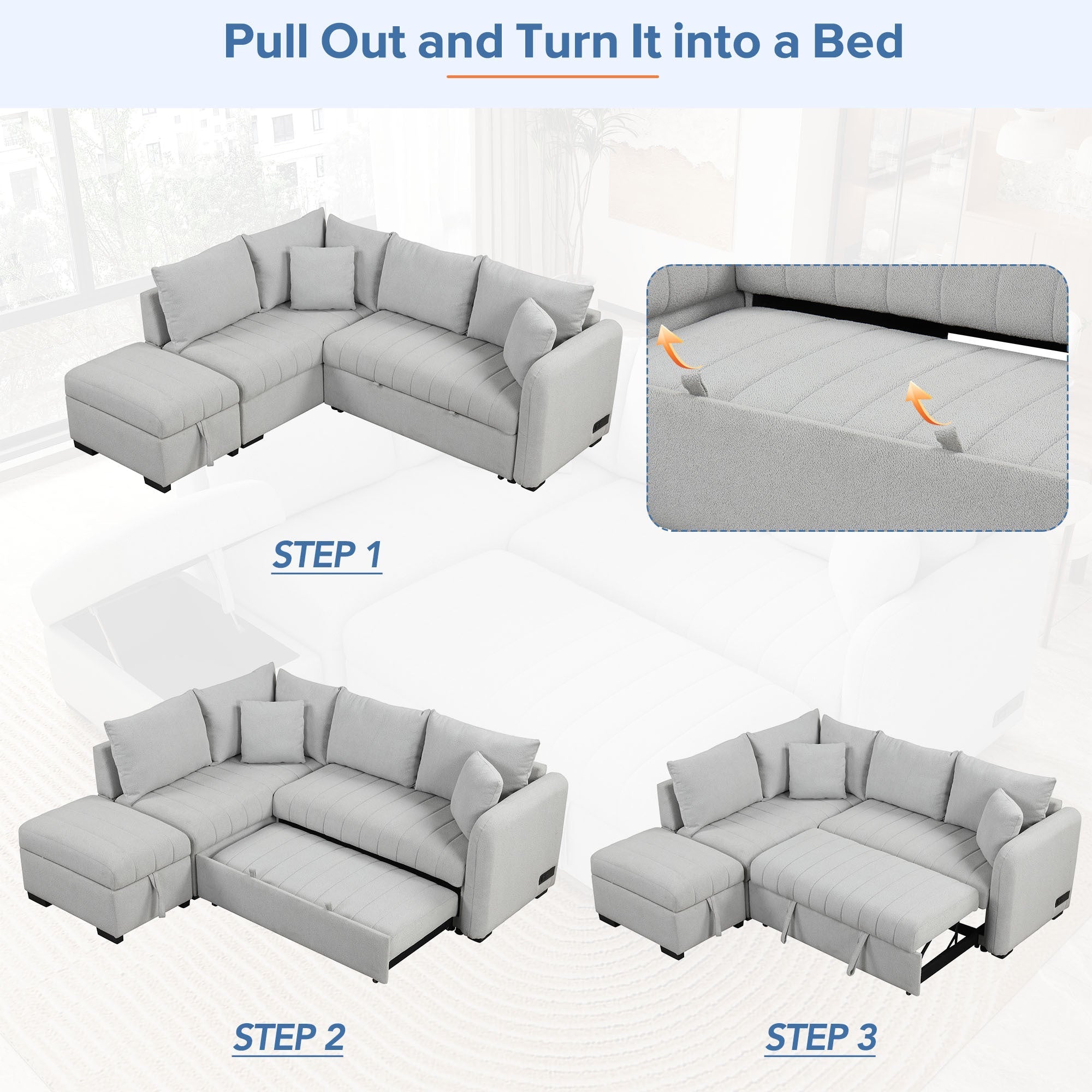 82.6" Gray L-Shaped Sectional Sofa Bed w/ USB Ports, Outlets & Ottoman-American Furniture Outlet