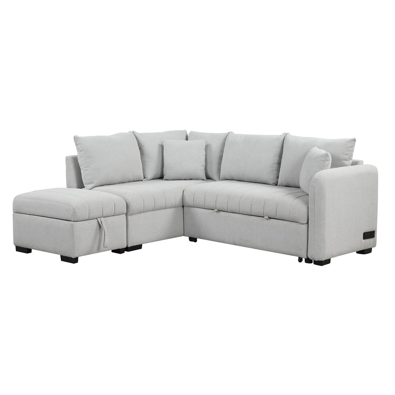 82.6" Gray L-Shaped Sectional Sofa Bed w/ USB Ports, Outlets & Ottoman-Sleeper Sectionals-American Furniture Outlet