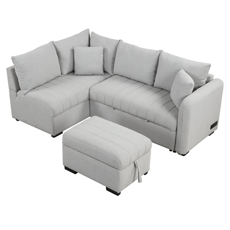 82.6" Gray L-Shaped Sectional Sofa Bed w/ USB Ports, Outlets & Ottoman-Sleeper Sectionals-American Furniture Outlet