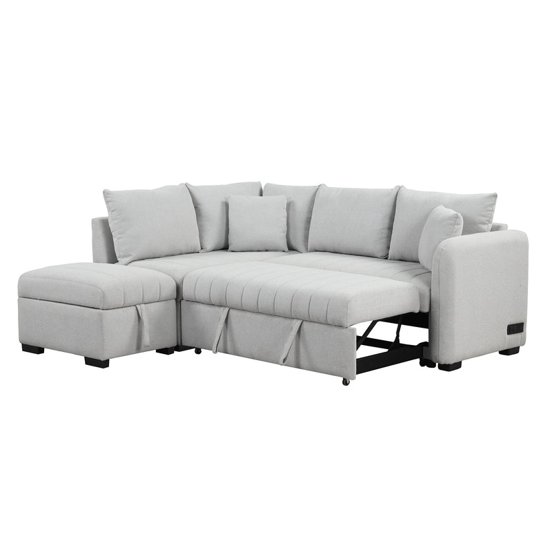 82.6" Gray L-Shaped Sectional Sofa Bed w/ USB Ports, Outlets & Ottoman-Sleeper Sectionals-American Furniture Outlet