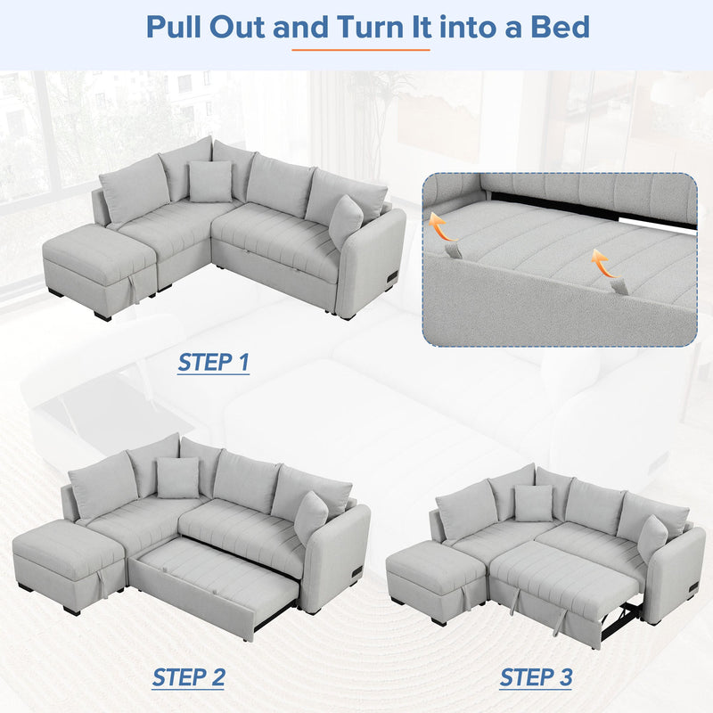 82.6" Gray L-Shaped Sectional Sofa Bed w/ USB Ports, Outlets & Ottoman-Sleeper Sectionals-American Furniture Outlet