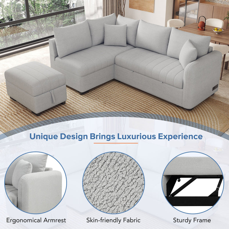 82.6" Gray L-Shaped Sectional Sofa Bed w/ USB Ports, Outlets & Ottoman-Sleeper Sectionals-American Furniture Outlet