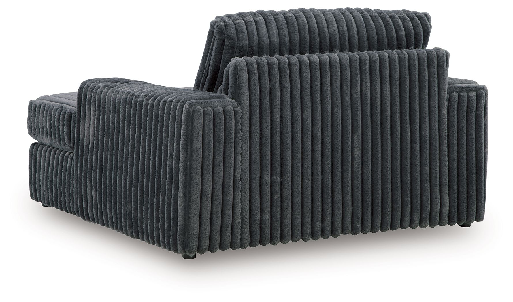 Oversized chaise with ribbed dark gray fabric, broad track arms and raised back cushion.