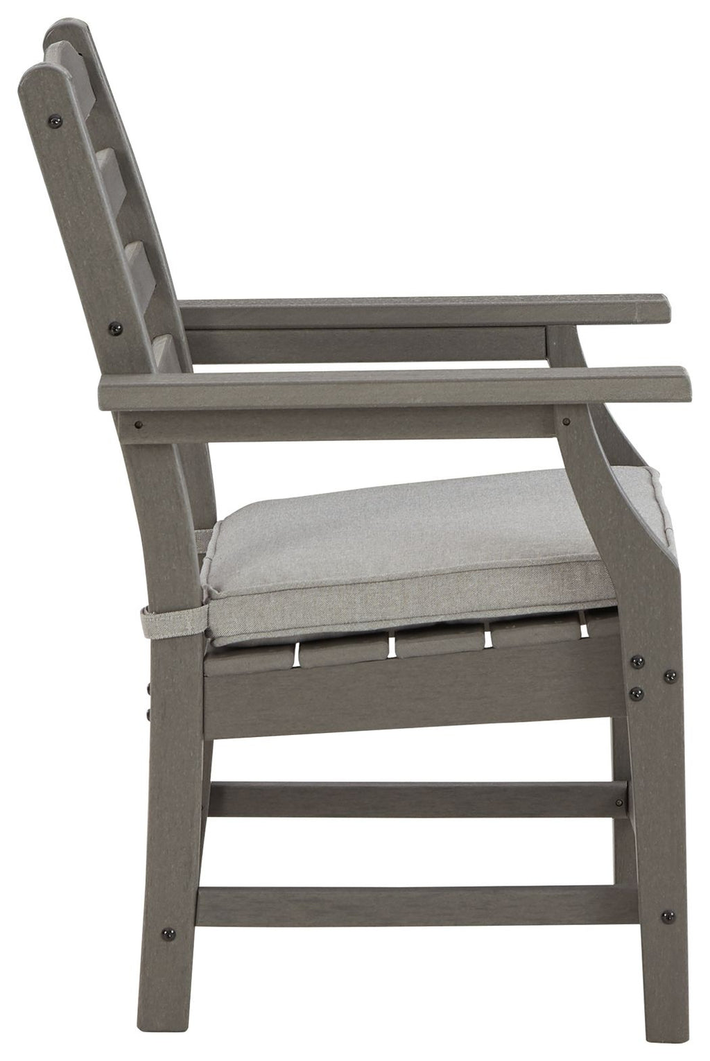 Gray arm chair with cushion, side view, slatted back and padded seat
