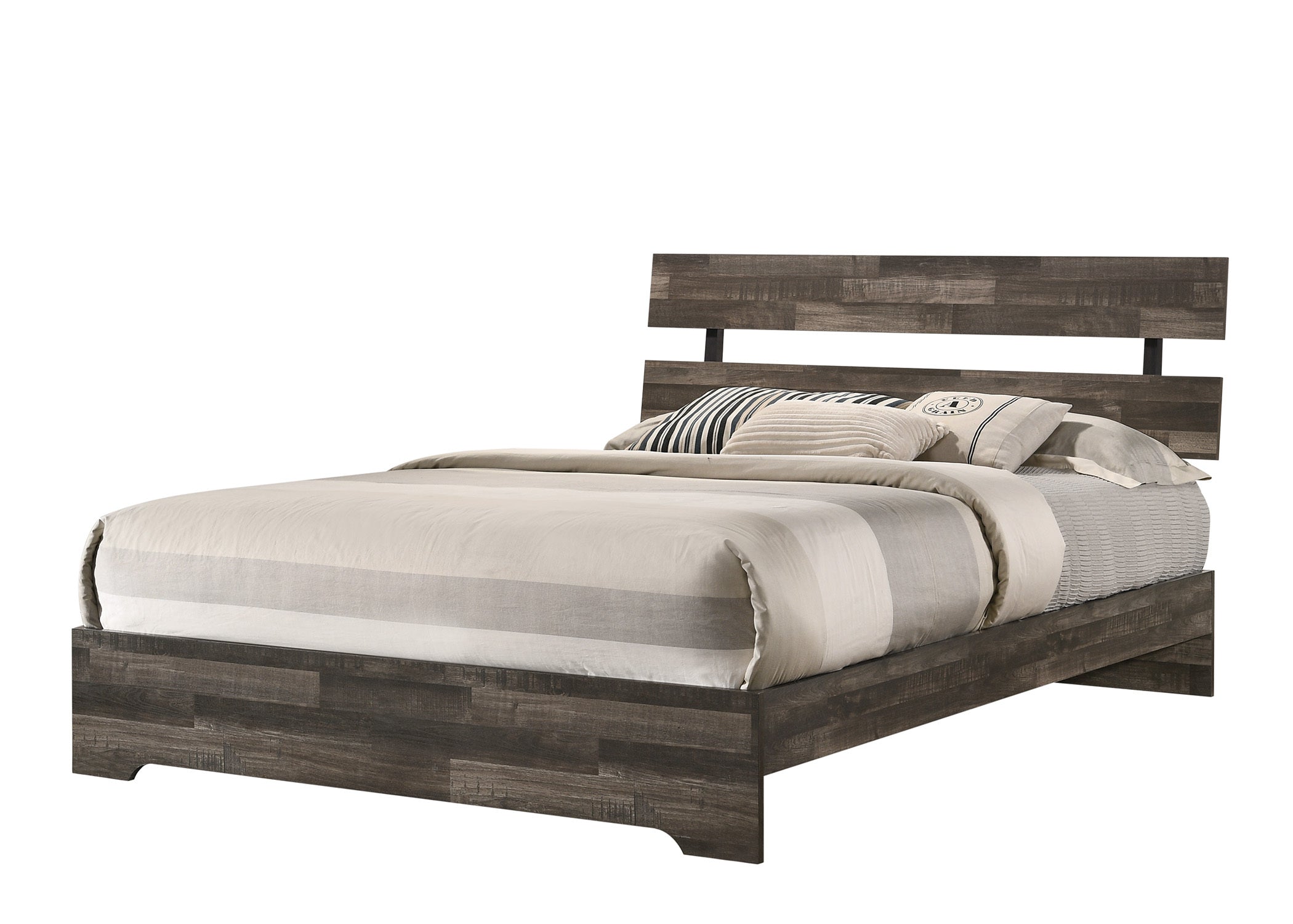 Rustic Full Platform Bed Frame with Slat Headboard - Low Profile Brown